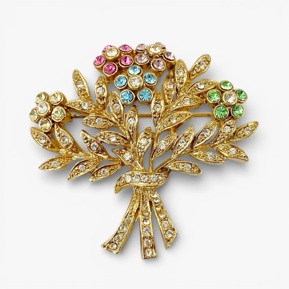 Vintage Rachel Colorful Rhinestone Flower Bouquet Gold Tone Brooch. - Picture 2 of 7